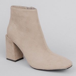 Nude Uneven Stack Block Heel Suede Bootie